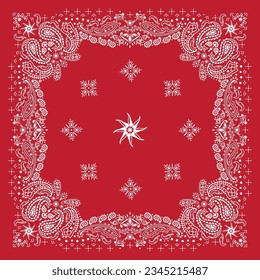 Red Bandanna Print. paisley seamless pattern. chili pepper, flowers, chili, decorative geometric line ornament. White and red pattern template. Silk neck scarf or kerchief square pattern design style.