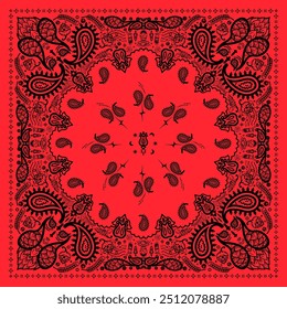 Red Bandanna Print. paisley seamless pattern. hops, space, flowers, rice, decorative geometric line ornament. Red and Black pattern template. Silk neck scarf kerchief square pattern design style.