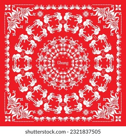Red Bandanna Print. Bandanna vector. seamless pattern. elephant, flowers, decorative geometric line ornament. White and red pattern template. Silk neck scarf or kerchief square pattern design style.