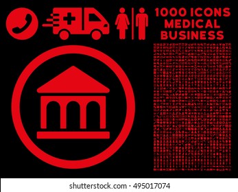 Red Bank Building vector rounded icon. Image style is a flat icon symbol inside a circle, black background. Bonus clip art has 1000 health care business symbols.
