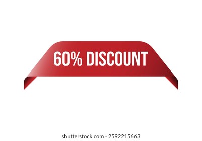 Red banner 60% discount isolated on white background.