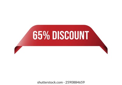 Red banner 65% discount isolated on white background.