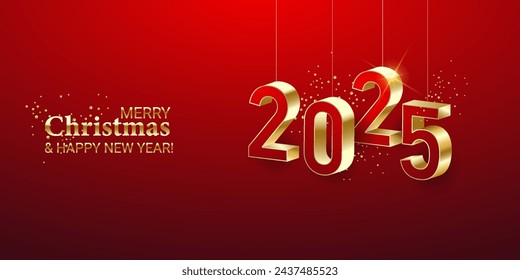 Red banner Background Merry Christmas, New Year 2025, greeting card with hanging toys in the form of birds, balloon, Christmas tree and gold 3d numbers 2025, poster, calendar, festive design.