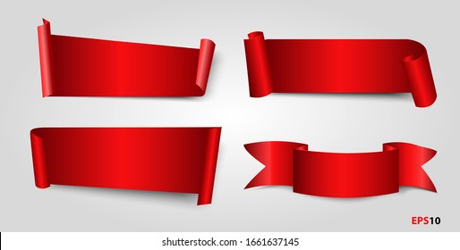 Red banner  badge ribbon realistic set  with shadow and  curl realistic design isolated on a white background. Template. Use for attention.