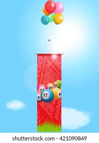 Red Banner with Bingo Balls Bingo Cards and Grass Flying with Balloons Over Blue Sunny Sky
