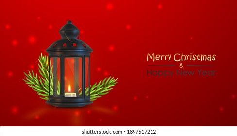 Red banner with black lantern, lamp with candle, tea light, branches, fir and lettering Merry Christmas and Happy New Year. Holiday vector illustration for card, flyer, advertising, posters, parties.