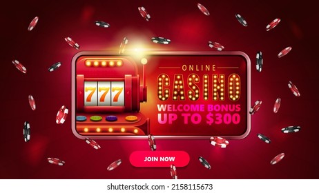Red banner with button, smartphone with slot machine on screen and poker chips in scene