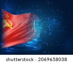red banner of communism USSR vector 3d flag on blue background with hud interfaces