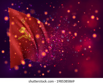 red banner of communism USSR vector 3d flag on pink purple background with lighting and flares