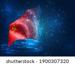 red banner of communism vector 3d flag on blue background with hud interfaces