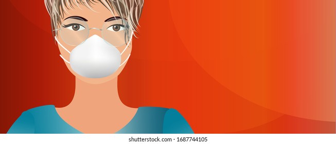 Red banner with copy space for information communication or advice on the coronavirus pandemic. Portrait of a woman in medical mask. Corona virus concept. Respiratory protection. Panorama