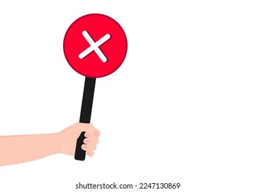 Banner rojo con cruz. La mano humana sostiene una tableta. La respuesta es no a la encuesta. Expresión de opinión negativa.Signo de redondeo. Elección por votación. Ilustración vectorial.

