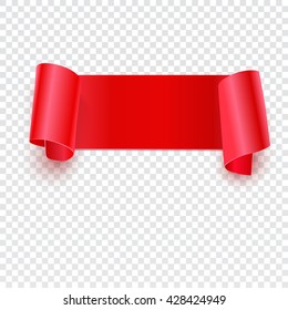 Red banner with curled edges on a transparent background, Realistic red vector ribbon. Vector illustration for your presentation, posters, cover and other design