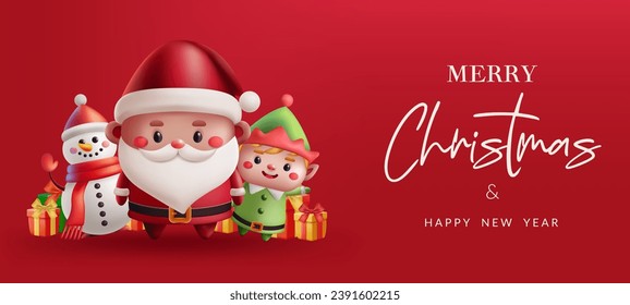 Red banner with cute cartoon characters Santa, elf, snowman with presents in a joyful 3D Christmas illustration. Perfect for holiday greetings and festive designs. Not AI generated.