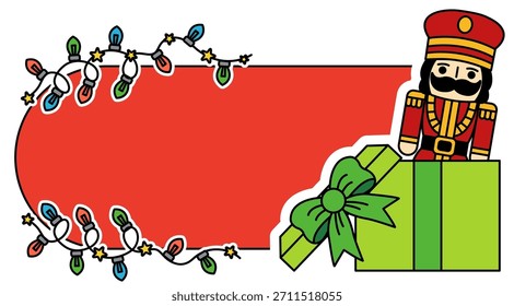 Ein rotes Banner mit grüner Box und Nussknacker