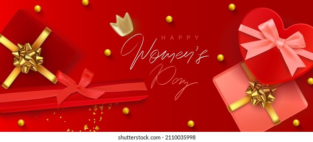 A red banner for a happy women's day. Special offer for International Women's Day with gift boxes.Vector template.