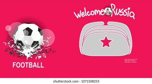 Red banner with hat and soccer ball.Vector illustration in flat style.
