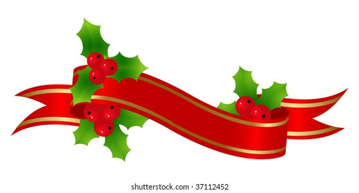 Red banner with holly for christmas decoration. Vector illustration.