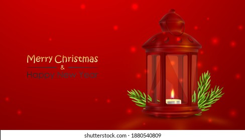 Red banner with red lantern, lamp with candle, tea light, branches, fir and lettering Merry Christmas and Happy New Year. Holiday vector illustration for card, flyer, advertising, posters, parties.