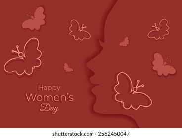 Red banner for March 8 with silhouette of girl and butterflies