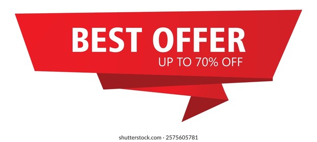 Red banner, origami style, white text, "BEST OFFER", "UP TO 70% OFF", sale advertisement, geometric shape, bold typography, marketing design, eye-catching, promotional material.