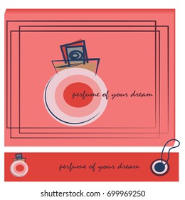 Red banner with perfume. Sketch. For shop. Vector fashion illustration