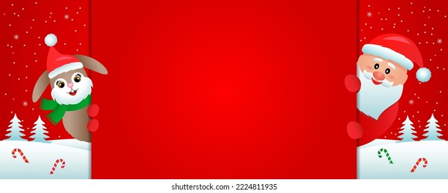 red Сhristmas banner with place for text. Santa Claus and a hare dressed as Santa against the backdrop of a winter forest. concept of new year holidays and Xmas. vector illustration