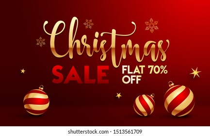 Red banner or poster design decorated with baubles, stars and 70% discount offer for Christmas Sale.