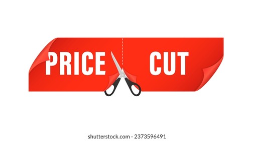 Red banner price cut. Scissors cutting sticker price. Price cut reduction poster design with scissors and pricetage in half. Vector illustration