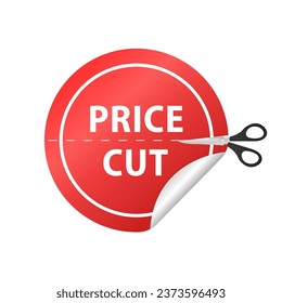 Recorte de precios de pancartas rojas. Tijeras cortando el precio de la pegatina. Diseño de afiches de reducción de precios con tijeras y precio a la mitad. Ilustración del vector