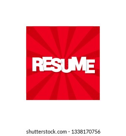 Red banner with resume text. Label, sign, tag, sticker. White text with shadow.