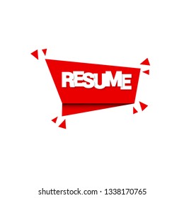 Red banner with resume text. Label, sign, tag, sticker. White text with shadow.