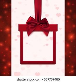 Red banner with red ribbon and bow in form of gift, on abstract background with hearts and particles. Vector illustration.