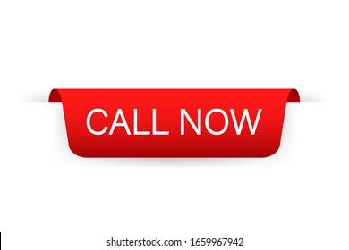 Red banner ribbon call now. Vector stock illustration.
