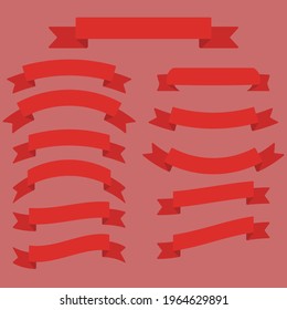 Red banner ribbon flat set, normal style. Blank tape banner for advertising promotion, sale text, heading, title decoration