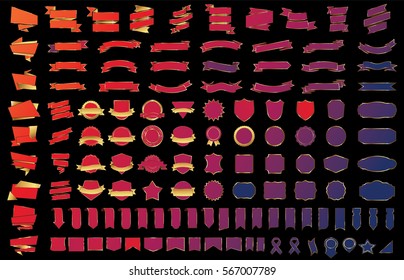 Red banner ribbon label vector christmas background set with isolated fancy badge vintage sticker and decorative border icon. Festive colorful tag design award of gift illustration collection