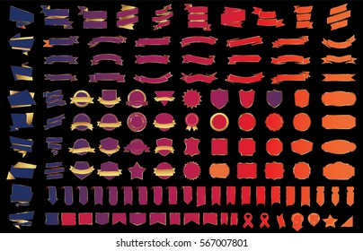Red banner ribbon label vector christmas background set with isolated fancy badge vintage sticker and decorative border icon. Festive colorful tag design award of gift illustration collection