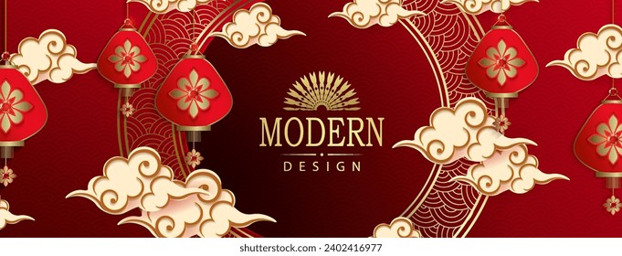 Banner rojo con un marco redondo con un patrón asiático, linternas y nubes en el estilo del arte del papel.