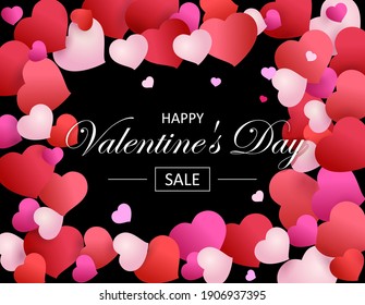 Red Banner sale in Valentines day.  Red and pink hearts and text Sale Valentines day on black background. Vector illustration. 