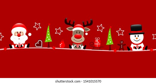 Red Banner Santa Claus Reindeer And Snowman With Icons
