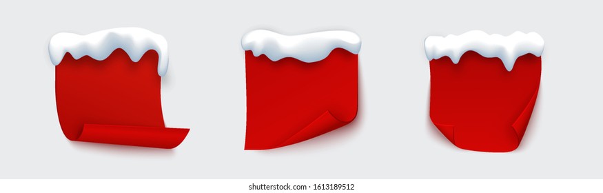 Red banner set with snow cap, paper curled page for sale, invitation, message, promo, flyer. Vector illustration in cartoon style. Winter festive abstract Christmas banner isolated on background.