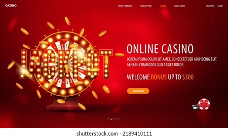 Red banner with shining red Casino Wheel Fortune with falling gold coins on a bright red background.