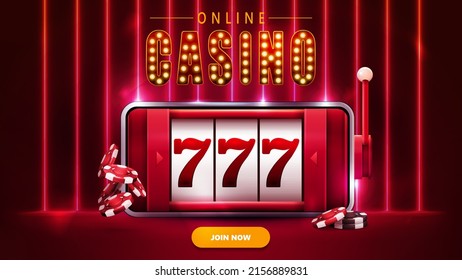 Red banner with smartphone with slot machine on screen and poker chips in scene with wall of line vertical neon lamps on background.