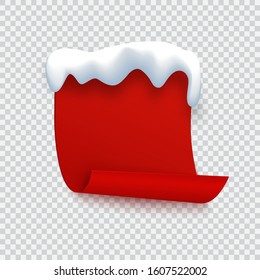 Red banner with snow cap, paper curled page for sale, invitation, message, promo, flyer. Vector illustration in cartoon style. Winter festive abstract christmas banner isolated on background.