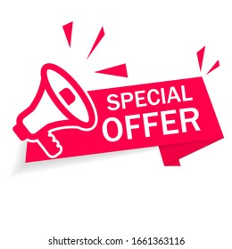 Red banner special offer with megaphone on white background. Ribbon of discount and sale. Modern advertising and promotion in store. Info of Special discount. Retail offer with low price goods. Vector