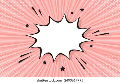 Anuncio rojo con burbuja de habla. Pop de fondo de semitono de arte. Patrón de estallido cómico con puntos y vigas. Estampado de superhéroes. Efecto de explosión solar retro de dibujos animados. Textura de Antiguas. Ilustración vectorial.