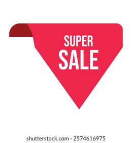 Red banner, super sale text, white typography, triangular shape, marketing design, retail promotion, minimalist graphic, vibrant pink background.