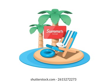 Red banner template for a summer travel promotion message is attached to a coconut tree on an island in the middle of the ocean, with deck chair and lifebuoy in front, vector 3d illustration isolated