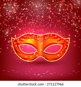 Red banner with theatrical carnival mask. Design your theater cultural events, masquerade, carnival. Vector illustration.