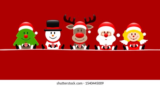 Red Banner Tree Snowman Reindeer Santa And Angel